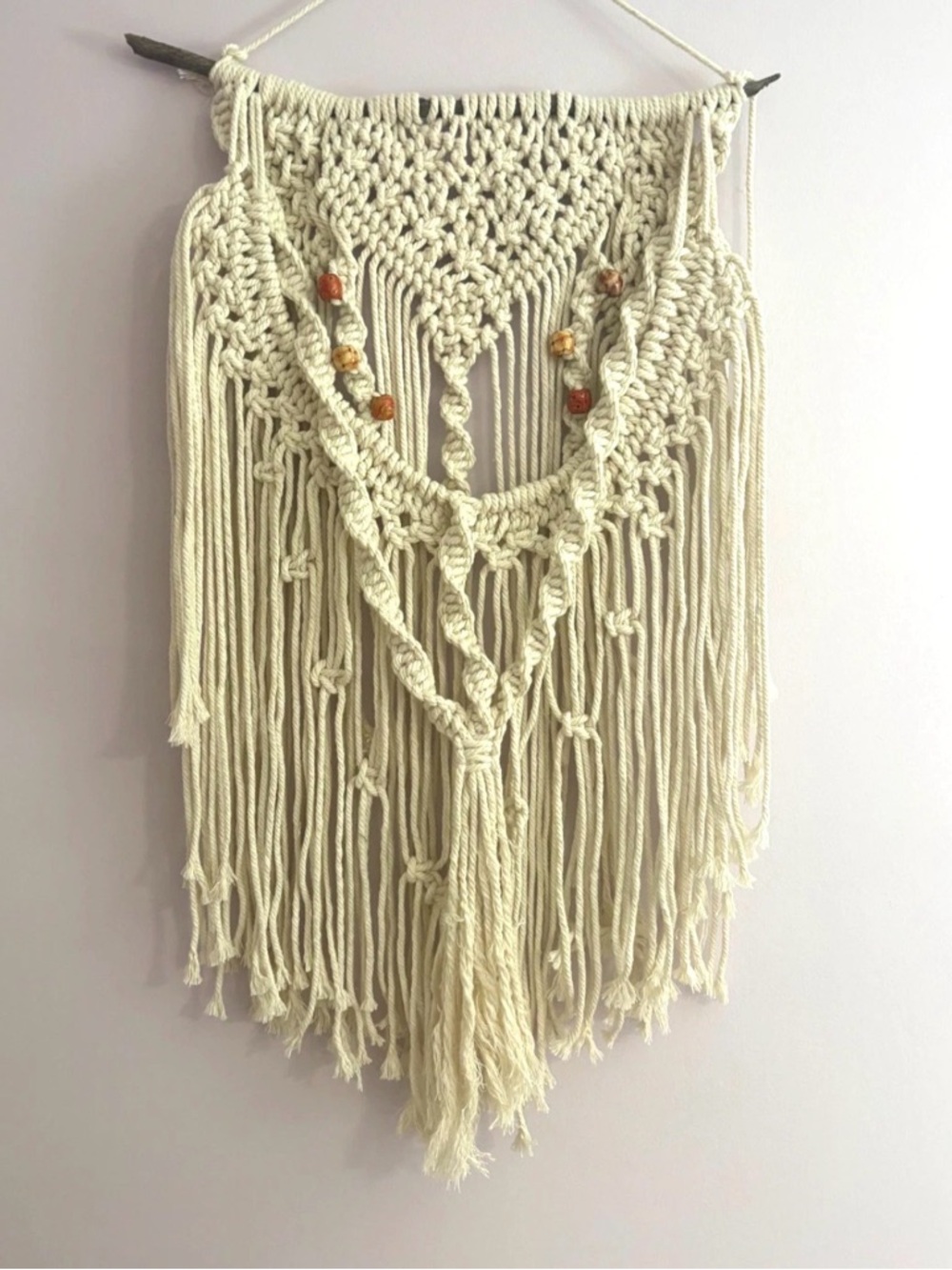 Large Boho Macrame Wall Hanging w/ Wood Beads | Handmade Fiber Art Decor